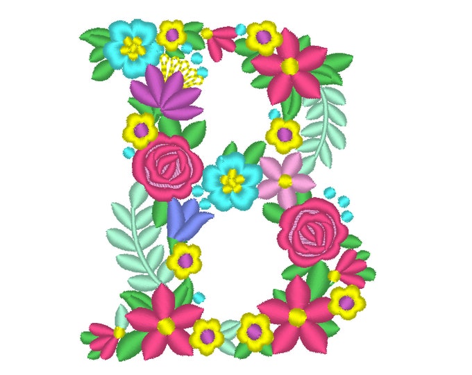 Floral letter B garden flag monogram liberty fashioned flowers flower Font machine embroidery designs monogram B only 4, 5, 6 and 8 in