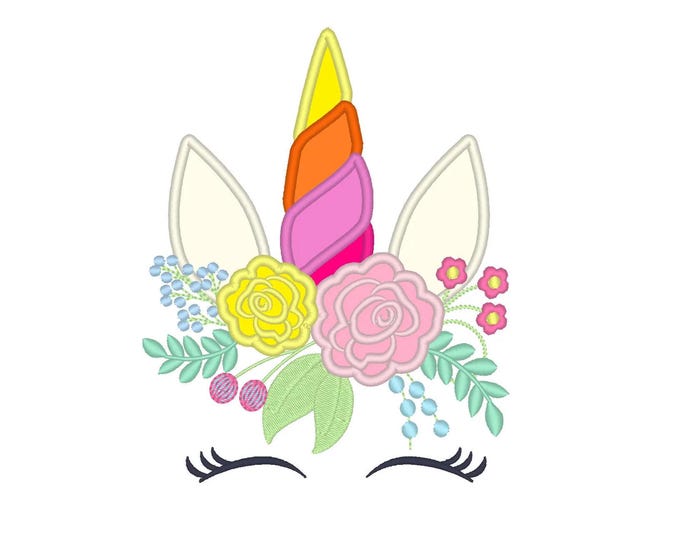 Unicorn head with shabby chick floral crown Applique machine embroidery designs cute Unicorn face kids girls baby t-shirt outfit design