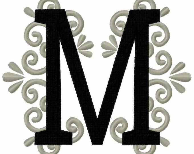 Regal royal classic Letter M garden flag monogram lace swirl  block font machine embroidery design monogram 4, 5, 6 and 8 in