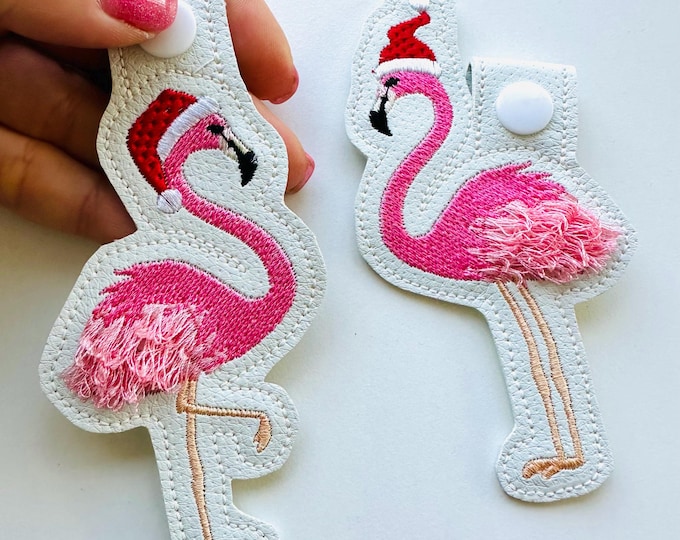 Fringed Flamingo Christmas Santa keychain key fob snap tab and eyelet in the hoop machine embroidery designs ITH girl backpack bag tag