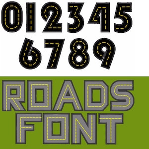 Road Font with wide satin stitch whole alphabet and numbers, kids boy name monogram machine embroidery applique designs 3, 4, 5, 6 inches