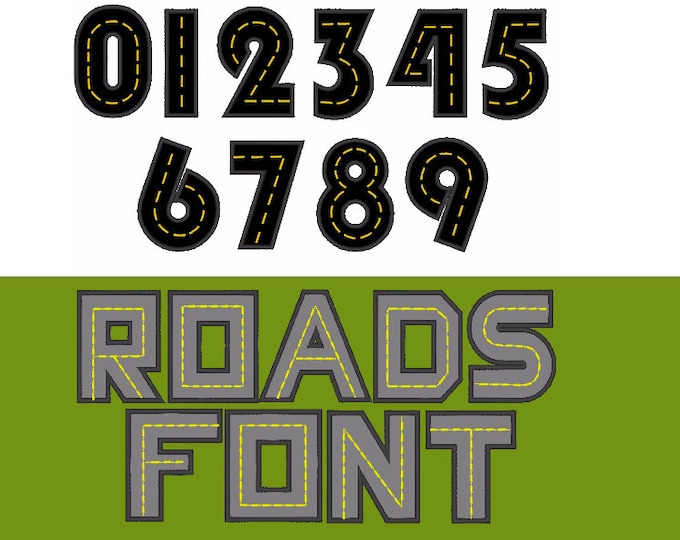 Road Font with wide satin stitch whole alphabet and numbers, kids boy name monogram machine embroidery applique designs 3, 4, 5, 6 inches