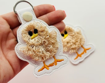 Fringed Chick key fob snap tab SET of 2 keychain and eyelet in the hoop machine embroidery designs ITH project Farm bird fluffy chicken kids