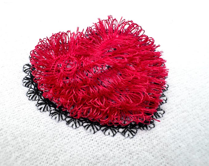 Lace Edge Fringed Valentine Heart chenille awesome Fringe Heart fringe ITH in the hoop machine embroidery designs mini sizes 1.5 up to 3 in