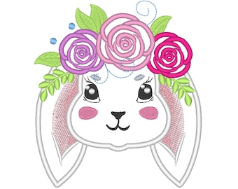 Valentine lovely Bunny head with shabby roses crown applique machine embroidery designs applique Rainbow unicorn embroidery bunny face