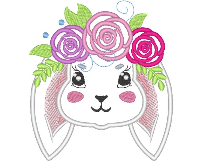 Valentine lovely Bunny head with shabby roses crown applique machine embroidery designs applique Rainbow unicorn embroidery bunny face