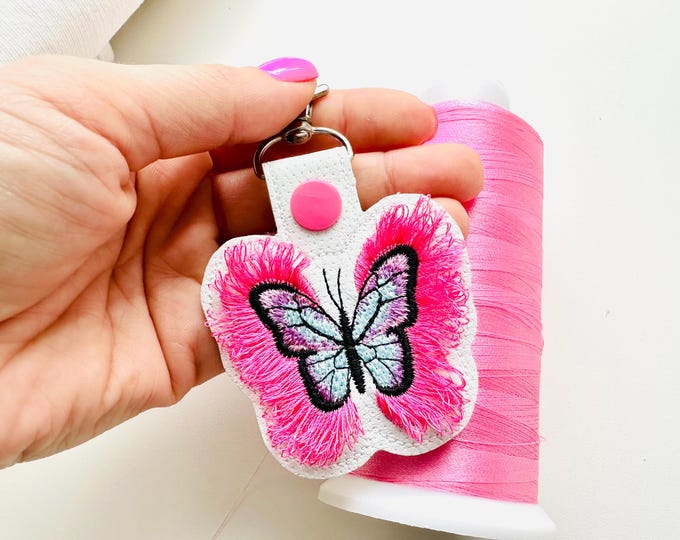 Fringed fluffy wings Butterfly Eyelet and Key Fob Snap Tab fringe keychain in the hoop ITH machine embroidery designs kids girls summer