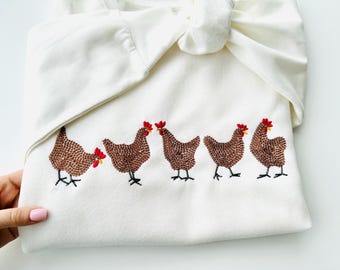 Chicken SET of 5 single chicken and 4 in a row chain stitch hand stitch effect farm kitchen towel machine embroidery designs many sizes