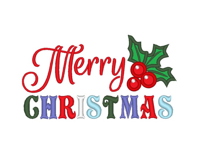 Merry Christmas Saying with Holly Flower Applique machine embroidery designs many sizes for hoop 4x4  5x7 and 6x10