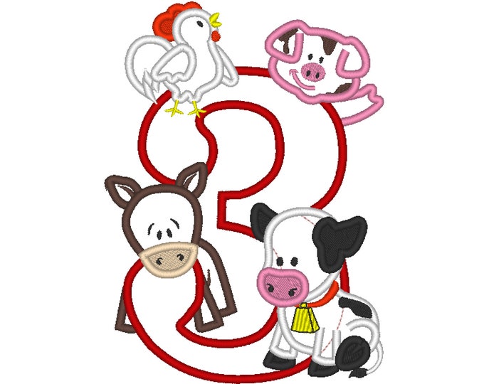 Farm birthday number THREE 3 with cow pig horse and rooster - cute farm theme machine embroidery applique designs 5x7  6x10 assorted sizes