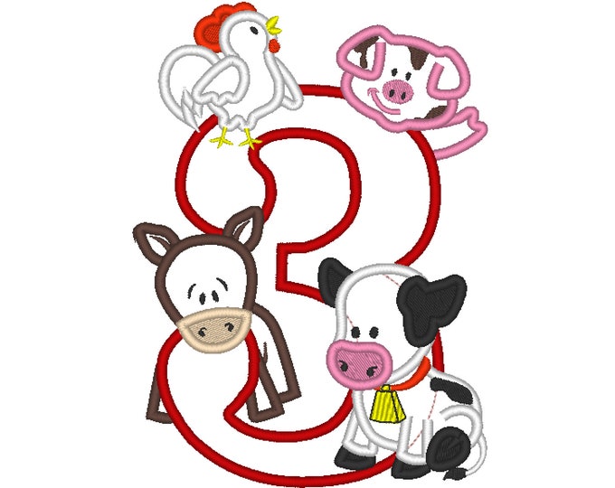 Farm birthday number THREE 3 with cow pig horse and rooster - cute farm theme machine embroidery applique designs 5x7  6x10 assorted sizes