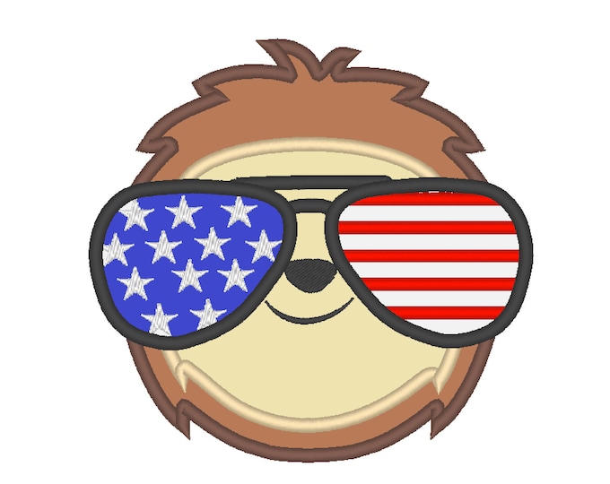 Patriotic 4th of July Sloth face Applique design Sloth head with American glasses Machine Embroidery Designs sizes for hoop 4x4  5x7  6x10