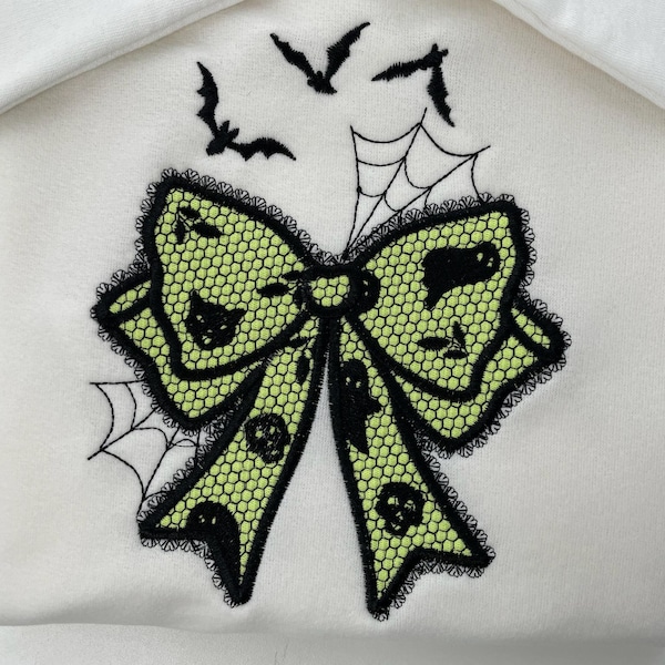 Halloween Bow Applique Lace effect Bats Spider Web Bow Ghost machine embroidery designs sizes 4 up to 8 inch kids girls scary spooky design