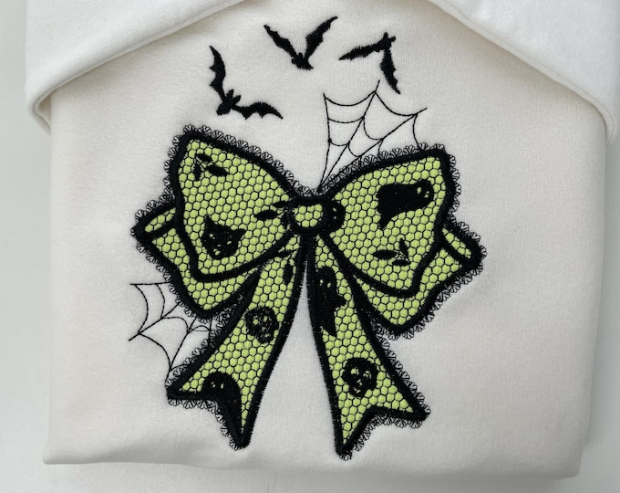 Halloween Bow Applique Lace effect Bats Spider Web Bow Ghost machine embroidery designs sizes 4 up to 8 inch kids girls scary spooky design