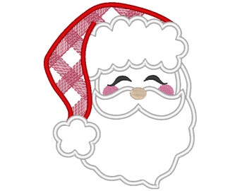 May include: A white Santa Claus face with a red and white plaid hat. The Santa has a white beard, a brown nose, and pink cheeks.
