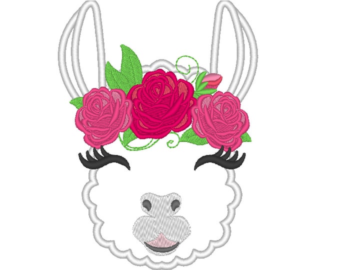 Llama or alpaca head with fill stitch pretty roses crown machine embroidery designs applique embroidery llama face