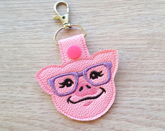 Pig with glasses Piggy head ITH key fob machine embroidery design, snap tab keyfob feltie in the hoop embroidery