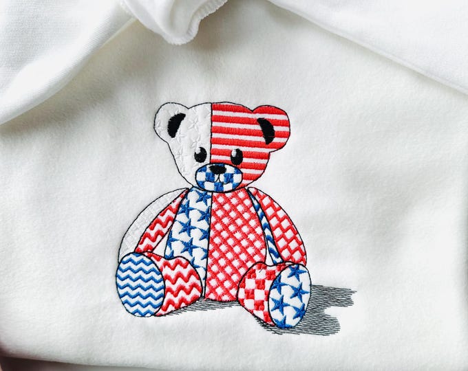 Patriotic Patchwork Teddy Bear patterned Teddy outline machine embroidery designs sizes 4 up to 7.5 inches US flag American 4th of July