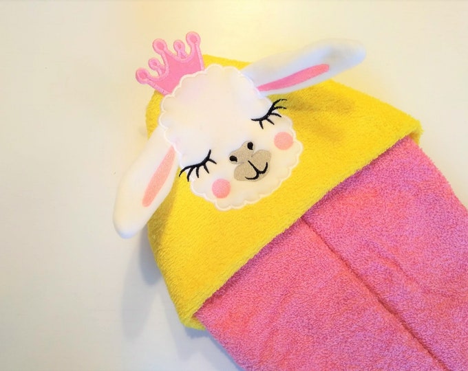 HOODED TOWELS Princess llama, hooded towel topper embroidery design head ears crown ITH in the hoop dimensional machine embroidery applique