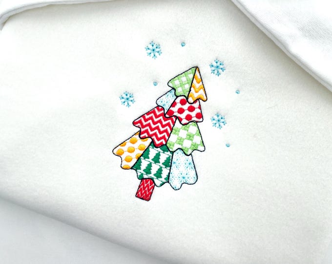 Patchwork Christmas Tree falling Snowflake folk patterned silhouette outline machine embroidery designs many sizes 4 up to 8 inches