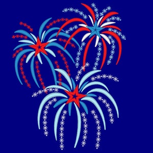 May include: Three red, white, and blue fireworks exploding against a dark blue background. The fireworks are stylized with white stars and red and blue lines.