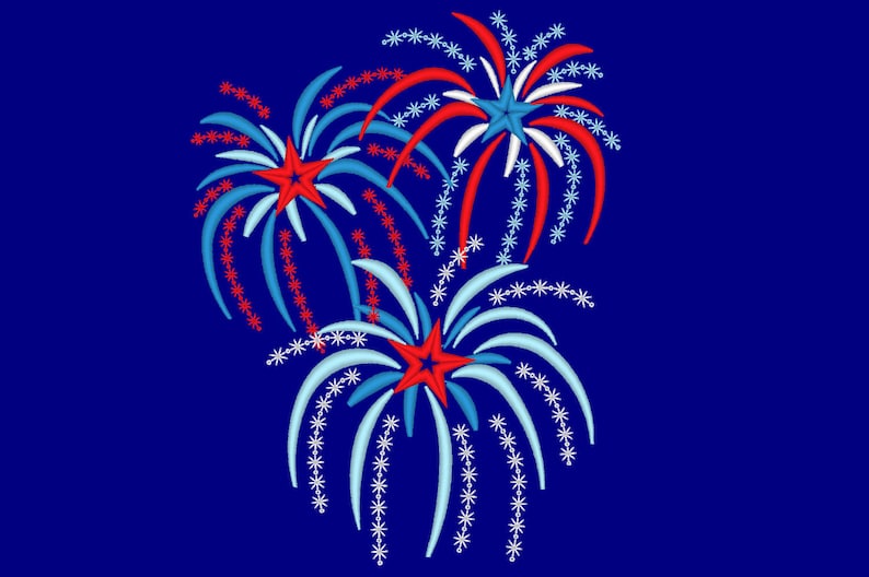 May include: Three red, white, and blue fireworks exploding against a dark blue background. The fireworks are stylized with white stars and red and blue lines.