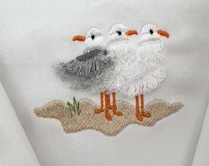 Fringed Fluffy Seagull Flock of 3 bird sea beach summer fringe chenille special WS thread machine embroidery designs sizes for hoop 4x4
