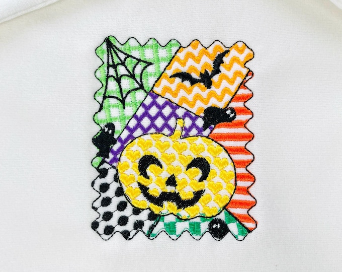 Halloween Pumpkin patchwork patterned Jack-o-Lantern machine embroidery designs sizes 4 up to 7 inch scary spooky design Bats and Spider Web