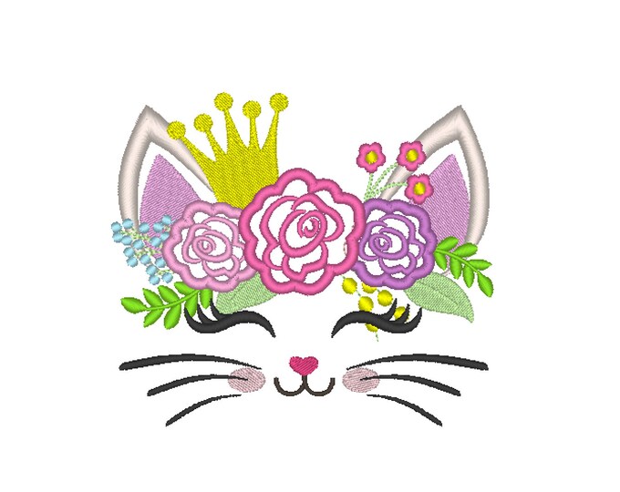 Little Princess Kitty face with shabby chick roses and crown applique machine embroidery applique embroidery design cat head kitty