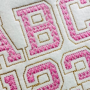 May include: Close-up of pink and gold embroidered letters "ABC" on a white fabric background.
