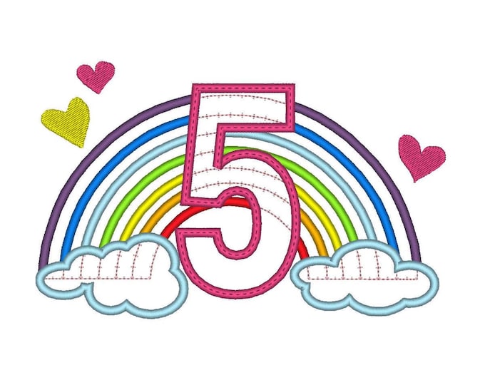 Cute Rainbow Birthday Number 5 FIVE Applique machine embroidery designs Rainbow in Clouds sizes 5, 6 and 7 inches kids girls outfit
