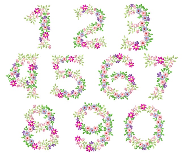 Country Floral numbers set 1-9 birthday flowers garden monogram birthday numbers floral flower Font machine embroidery design 4, 5, 6, 8 in
