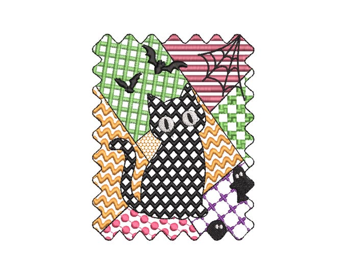 Halloween Kitten Cat Boy patchwork patterned cute Kitty kids baby boys machine embroidery designs sizes 4 up to 7 inch scary spooky design