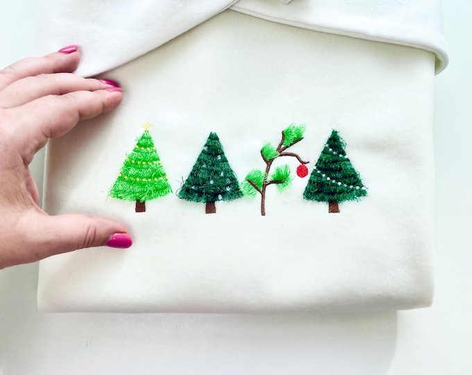 Fringed fluffy Christmas Tree Four in row pine forest fringe fur chenille machine embroidery designs sizes 7 up to 9 inch and for hoop 4x4