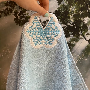 Christmas snowflake frozen bath towel topper hanging hole In The Hoop machine embroidery designs, ITH project towel hanger kids gift idea image 2
