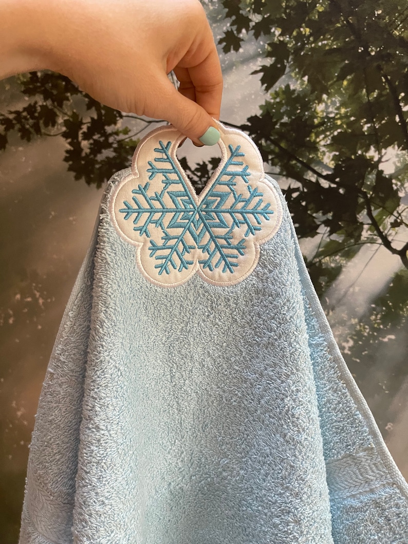 Christmas snowflake frozen bath towel topper hanging hole In The Hoop machine embroidery designs, ITH project towel hanger kids gift idea image 2