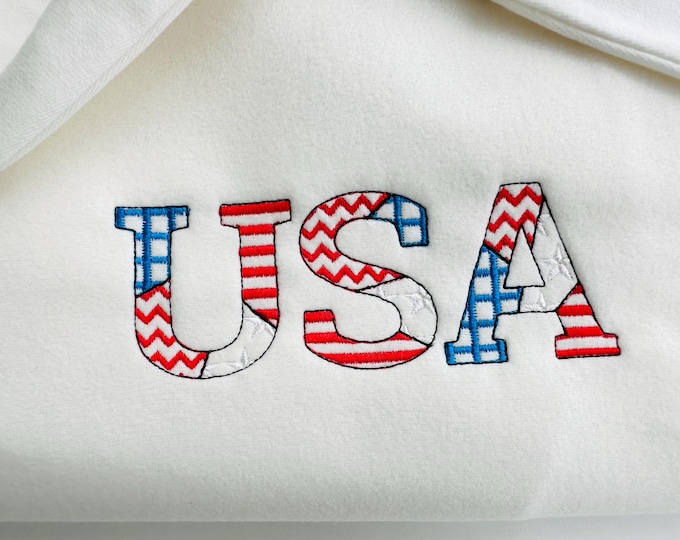 Patchwork USA flag Block FONT patterned and outline alphabet monogram letters patriotic machine embroidery designs sizes 1 up to 3.4 inch
