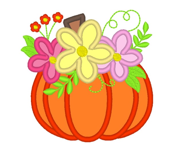Floral Pumpkin Applique Design ~ Fall Pumpkin  Autumn pumpkin with shabby chick roses flowers crown applique machine embroidery designs