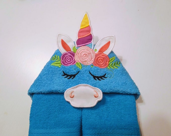 HOODED TOWELS Unicorn, hooded towel topper embroidery design Unicorn head ears horn ITH in the hoop dimensional machine embroidery applique