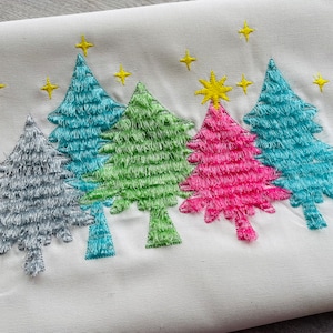 Fringed fluffy Christmas trees in a row pine forest cute fluffy fringed chenille machine embroidery designs sizes 7" up to 12" merry Xmas