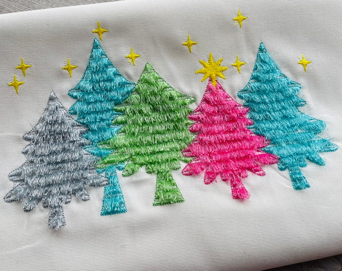 Fringed fluffy Christmas trees in a row pine forest cute fluffy fringed chenille machine embroidery designs sizes 7" up to 12" merry Xmas