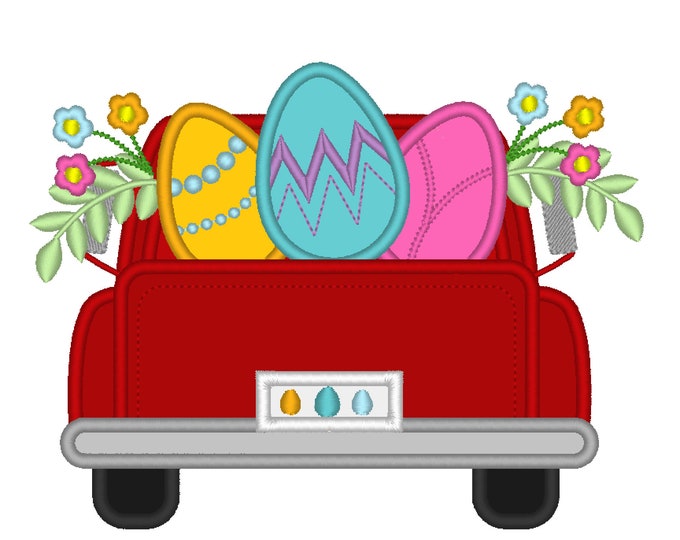 Easter Vintage station wagon red truck back with eggs in the back, red truck with eggs machine embroidery applique designs