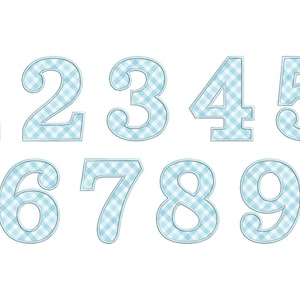 May include: Blue and white gingham numbers 1 through 9. Each number is outlined in white.