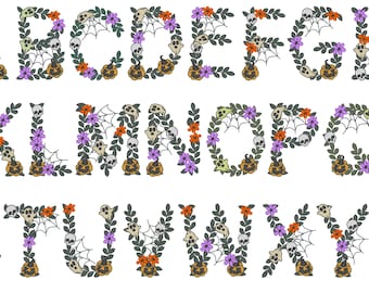 Spooky Skull Font Halloween Floral alphabet spider web ghost jack-o-lantern scary monogram machine embroidery designs sizes 3.4 to 5.7in BX
