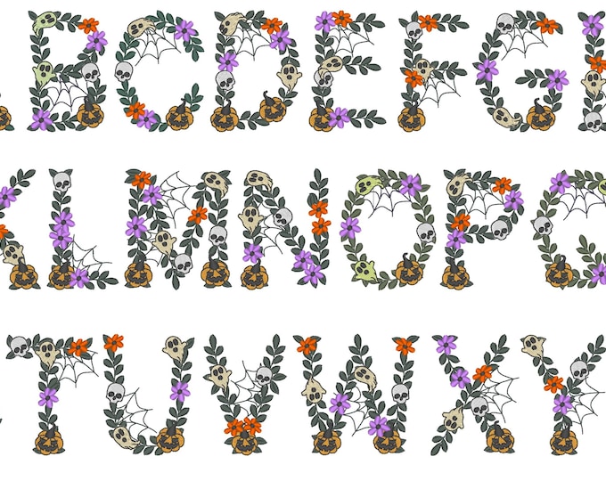 Spooky Skull Font Halloween Floral alphabet spider web ghost jack-o-lantern scary monogram machine embroidery designs sizes 3.4 to 5.7in BX