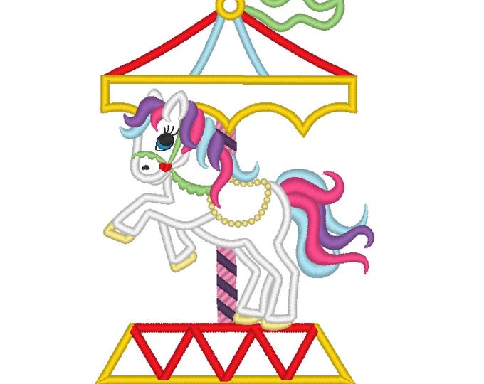 Little Carousel Horse Applique machine embroidery designs for hoop 5x7 and 6x10 kids baby carousel attraction Circus magic horse pony
