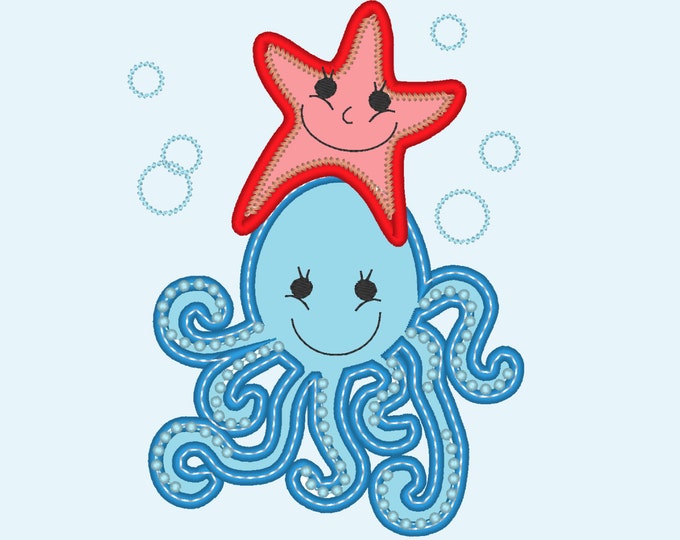 Octopus and sea star friends - machine embroidery  applique designs - INSTANT DOWNLOAD  for hoop 4x4, 5x7