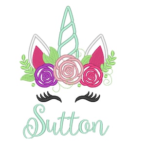 Custom - Sutton - Pretty eyes Unicorn head with shabby chick roses crown applique machine embroidery