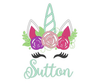Custom - Sutton - Pretty eyes Unicorn head with shabby chick roses crown applique machine embroidery