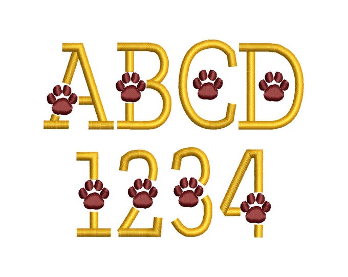 Satin stitch Block paw print Font with Paw machine embroidery designs  monogram letters Cat Dog 4 sizes: 1", 1.25", 1.5", 2" BX included
